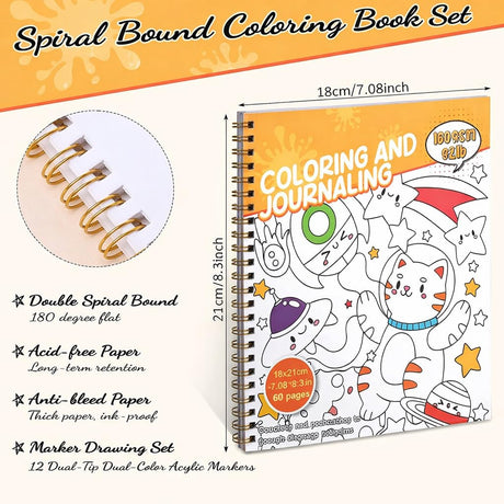Coloring Book Set with 24-Color Acrylic Markers & Stickers, Ages 14+ Travel Sketch Book, 60 Pages 150gsm Thick Paper (7x8.3in) Spiral Bound Art Supplies Prudiut