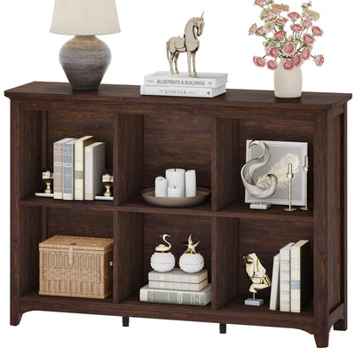 BON AUGURE 6 Cube Storage Bookcase, 43" Wide Horizontal Wooden Bookshelf, Floor Standing Low Book Shelf with Curved Edge for Living Room, Office - Brown Cherry
