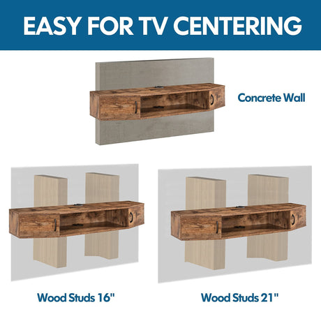 FITUEYES Floating TV Stand Wall Mounted TV Shelf Entertainment Center, Media Console with Cabinet Modern Component for Storage Hutch Under TV for Living Room Office,Rustic Brown FITUEYES
