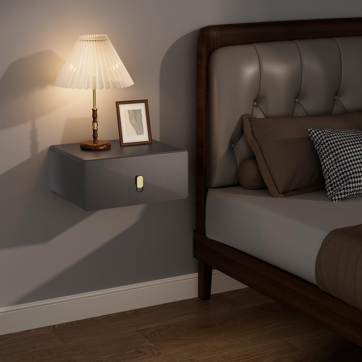 VICITON Modern Floating Nightstand with Solid Wood Drawer, Wall Mounted Bedside Table for Bedroom (Dark Gray, Small) VICITON