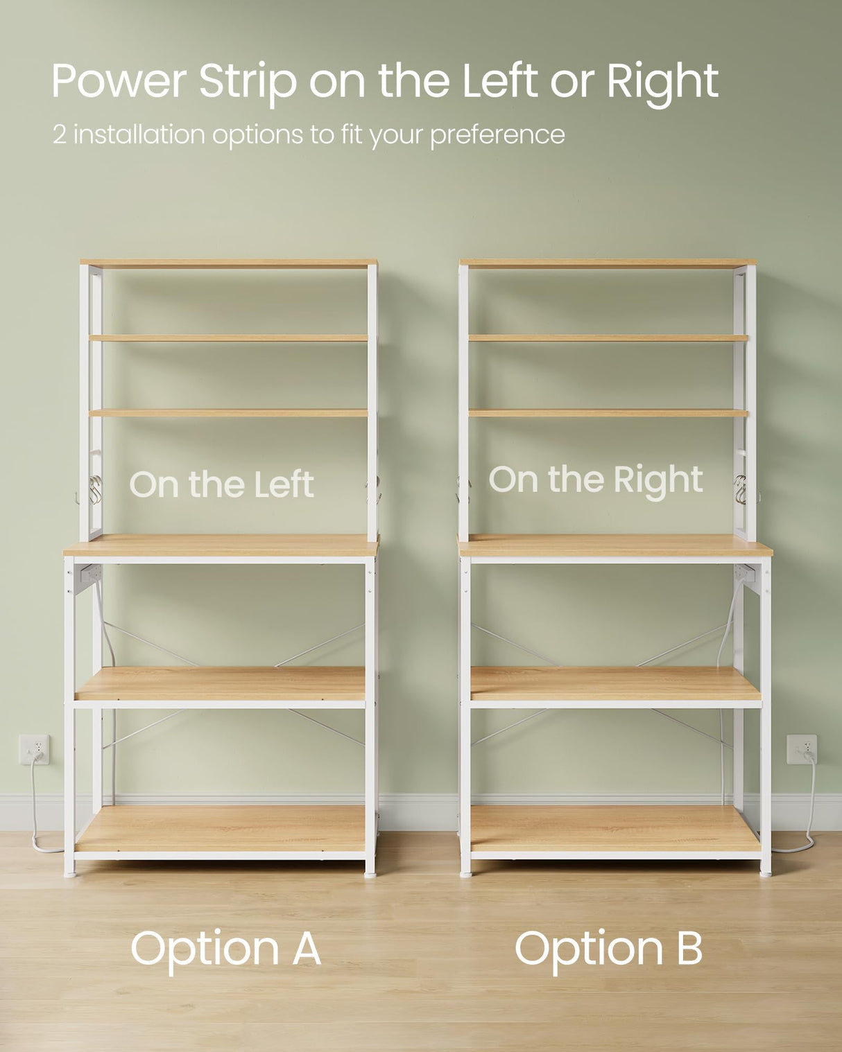 VASAGLE Bakers Rack with Power Outlet, 31.5 Inches Coffee Bar for Kitchen with Storage, 6-Tier Kitchen Shelves with 6 Hooks, Microwave Stand, Golden Oak and White UKKS119Y01 VASAGLE