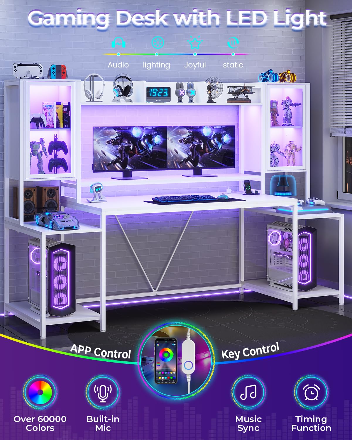 SEDETA Gaming Desk 74.8'' with LED Lights, Hutch and Storage Shelves, Computer Desk with Monitor Stand, Large PC Gamer Desk Workstation, Ergonomic Gaming Table for Bedroom, Living Room, White SEDETA