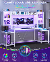 SEDETA Gaming Desk 74.8'' with LED Lights, Hutch and Storage Shelves, Computer Desk with Monitor Stand, Large PC Gamer Desk Workstation, Ergonomic Gaming Table for Bedroom, Living Room, White SEDETA