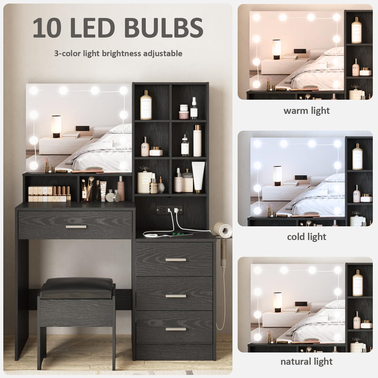 Vabches Black Vanity Desk with Mirror and Lights, Makeup Vanity Table with Charging Station, 3 Lighting Modes Brightness Adjustable, 4 Drawers, 8 Vabches