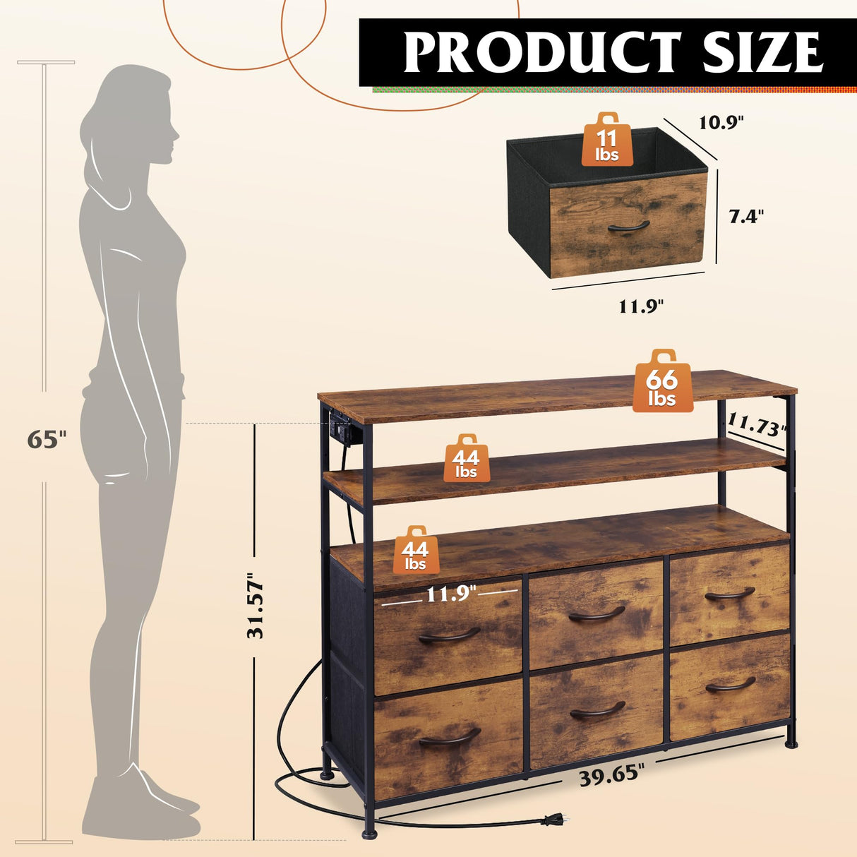 WLIVE Led Dresser for Bedroom, Dresser TV Stand for Bedroom with LED Lights and Power Outlet, Wide Chest of Drawers with Open Shelves for Entryway, 6 Fabric Drawers for Living Room, Rustic Brown WLIVE