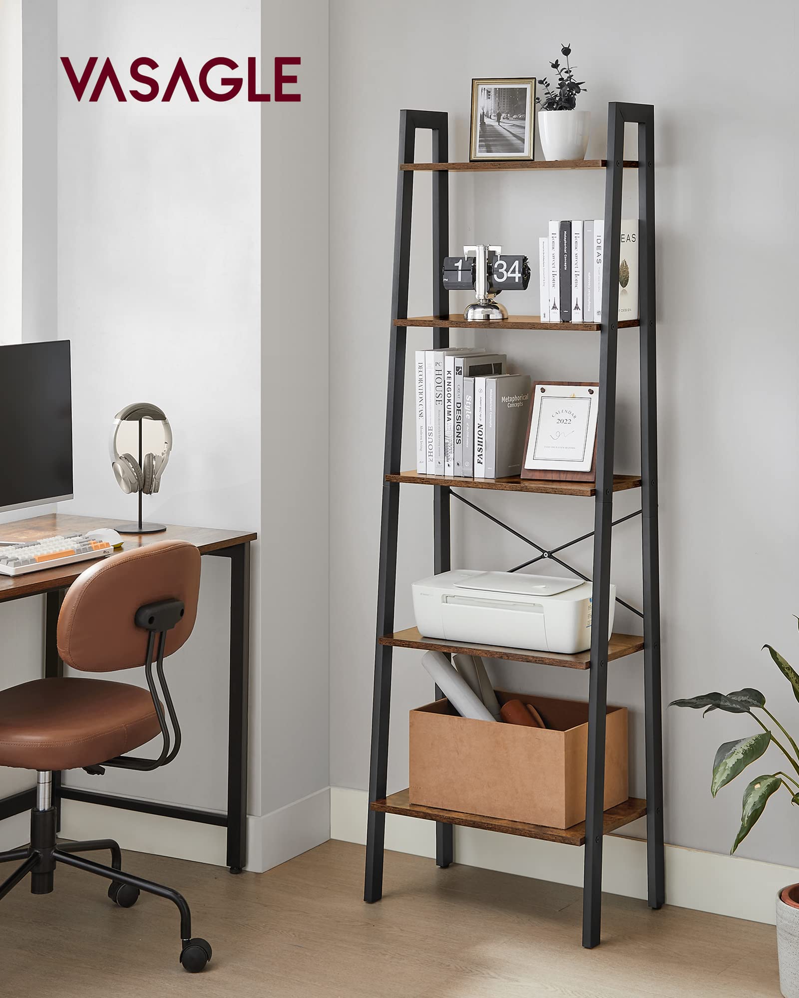 VASAGLE Rustic Brown 5-Tier Ladder Shelf - Durable Storage Rack with Steel Frame - WoodArtSupply