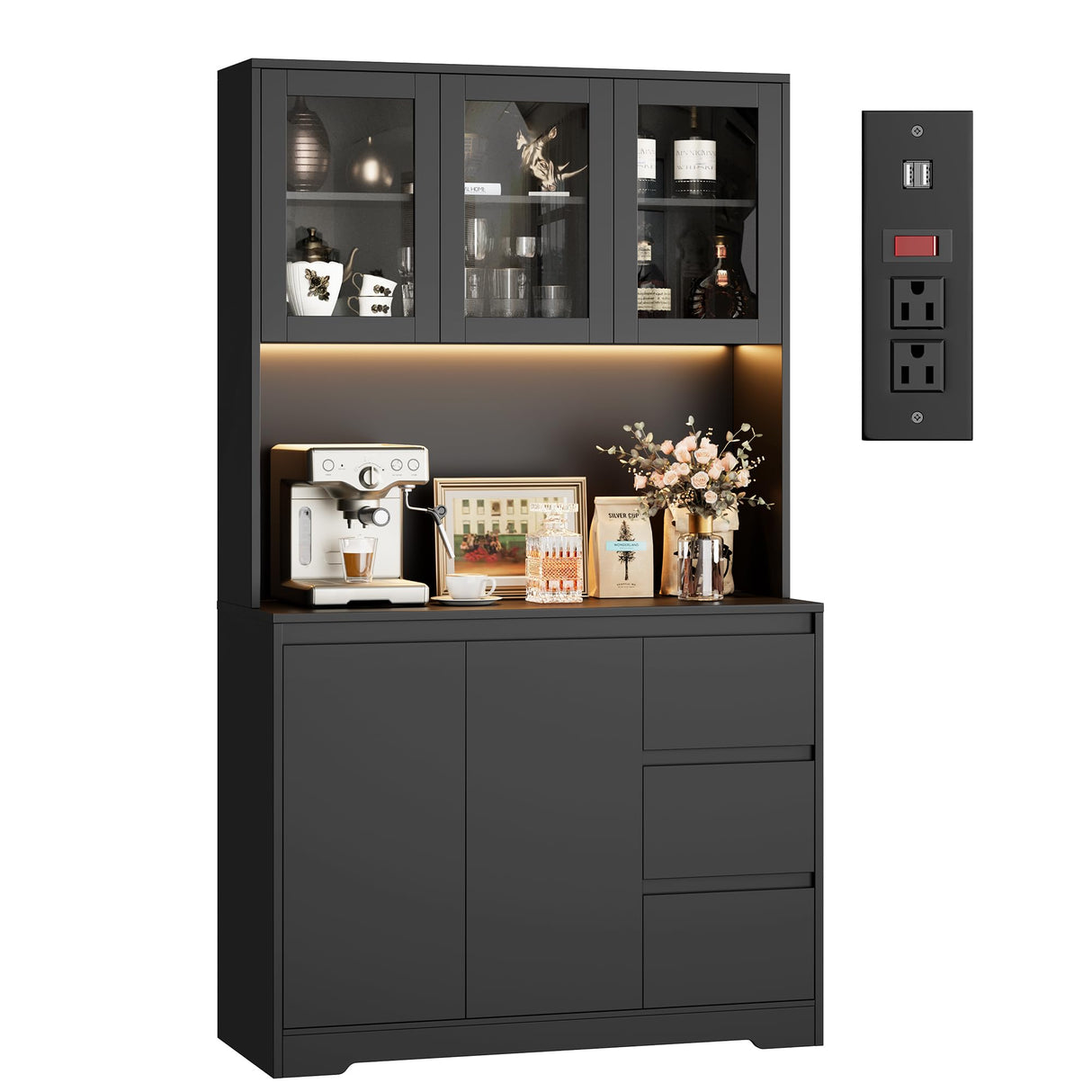 Finetones 71" Modern Black Kitchen Pantry Cabinet with LED Lights and Charging Station finetones