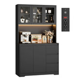 Finetones 71" Modern Black Kitchen Pantry Cabinet with LED Lights and Charging Station finetones