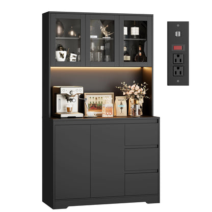 Finetones 71" Modern Black Kitchen Pantry Cabinet with LED Lights and Charging Station - WoodArtSupply