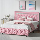 HOMBCK Queen Bed Frame, Upholstered Bed Frame Queen Size with Diamond Tufted Headboard, Faux Leather Headboard & Footboard, Wooden Slats Support, No Box Spring Needed, Easy Assembly, Pink HOMBCK