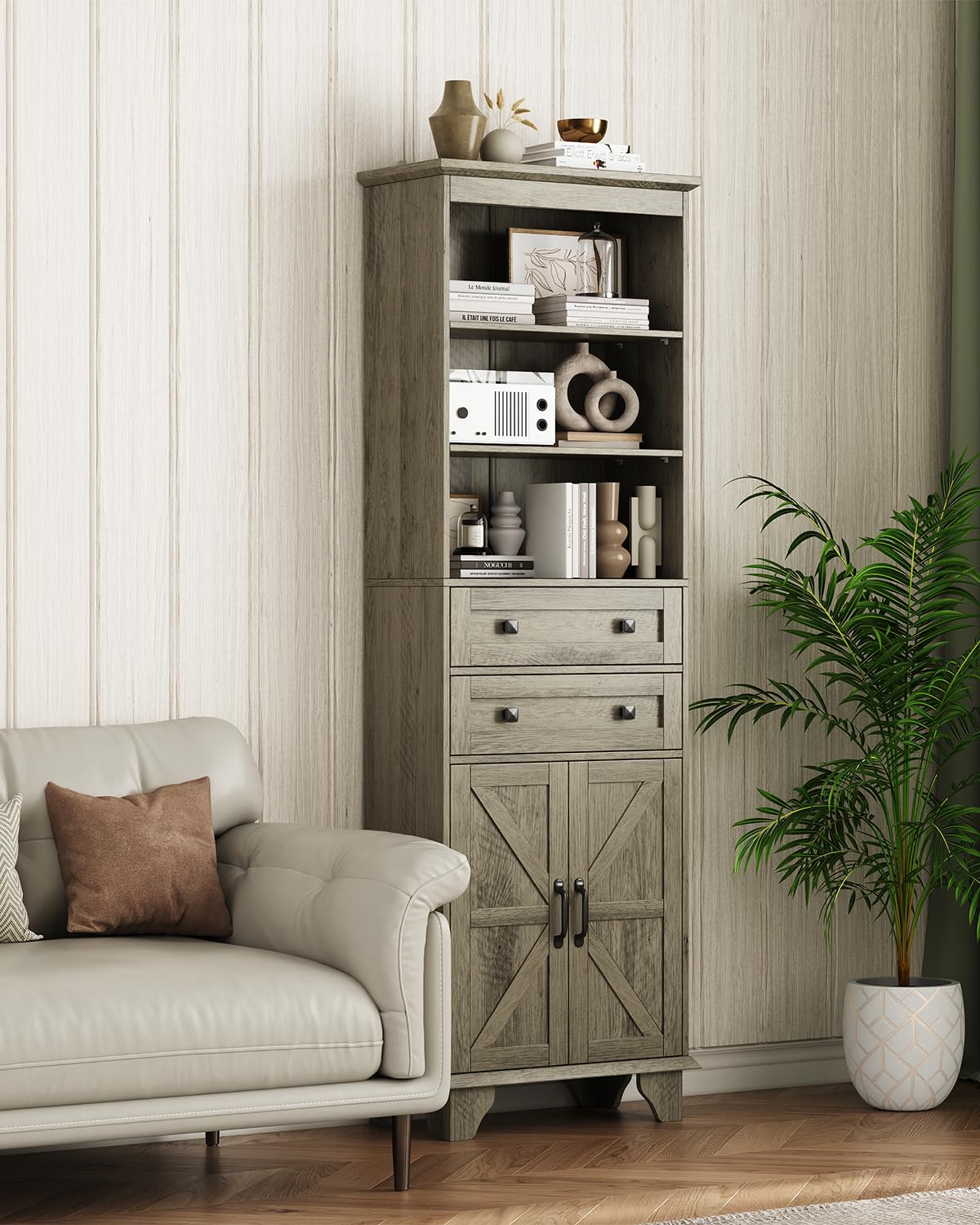 Seeday 72" Farmhouse Bathroom Storage Cabinet, Tall Kitchen Pantry Cabinet with 2 Drawers, Adjustable Shelves and Barn Door, Storage Cabinet for Bathroom, Living Room, Kitchen, Grey Seeday