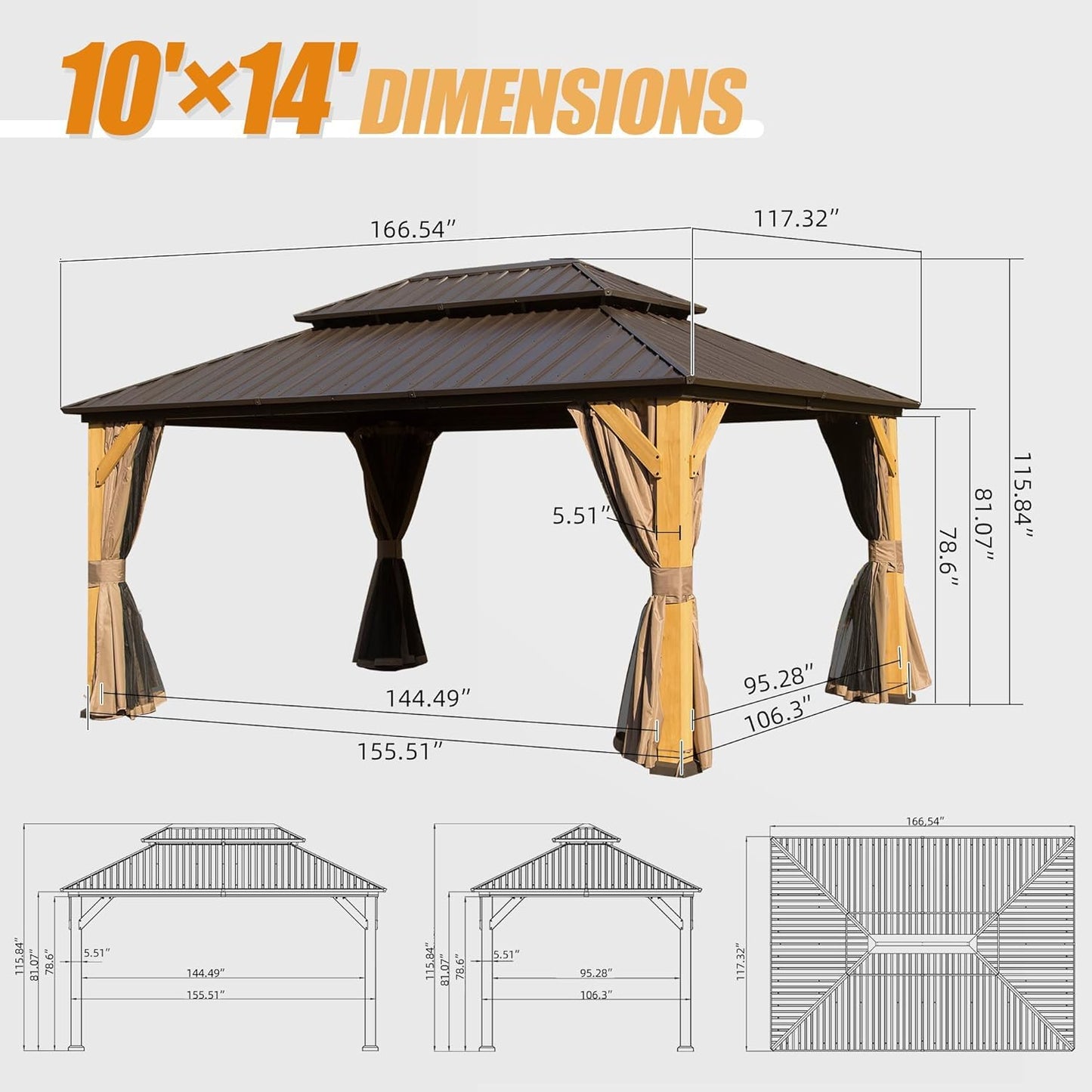 10x14ft Cedar Wood Gazebo, Solid Wood Hardtop Gazebo with Galvanized Steel Double Roof, Netting & Curtains, Outdoor Gazebo for Patio, Backyard, Deck, Lawns (Brown-06) - WoodArtSupply