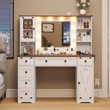 DICTAC Farmhouse Makeup Vanity Desk with Mirror and Lights, Large Vanity Table with Charging Station, 43'' Bedroom Dressing Table with 6 Drawers & 2 DICTAC