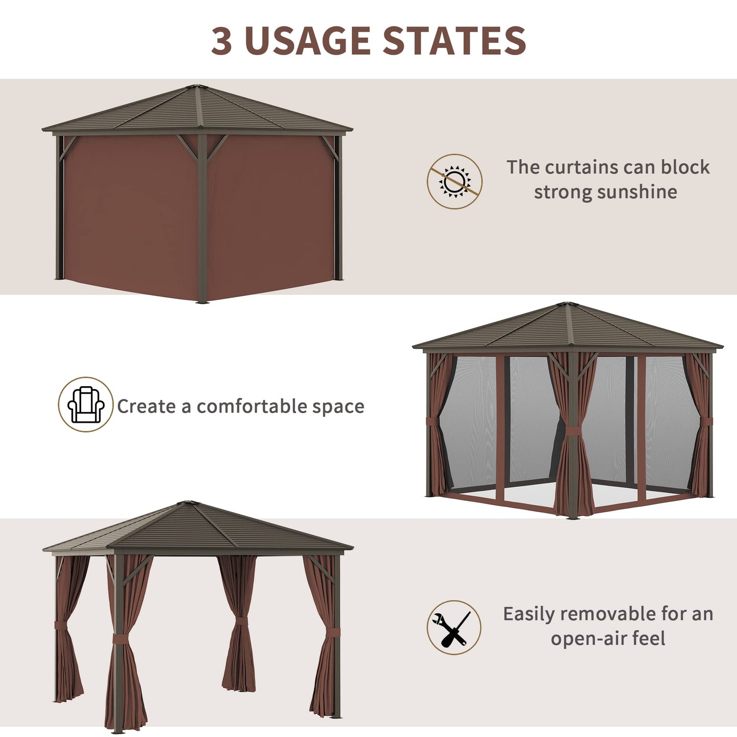 Outsunny 10' x 10' Hardtop Gazebo with Curtains and Netting, Permanent Pavilion Metal Single Roof Gazebo Canopy with Aluminum Frame and Hooks, for Garden, Patio, Backyard, Dark Brown