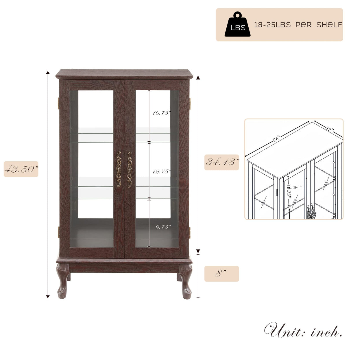 44"H Lighted Glass Display Cabinet with Glass Doors, Wooden Curio Cabinet with 3 Adjustable Shelves, Mirrored Back Panel, Arched China Cabinet for Living Room, Light Bulb Included (Dark Cherry) Eyisean