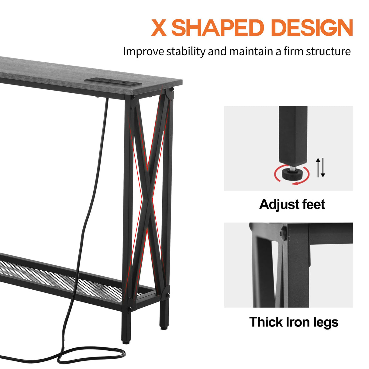 Forevich Console Table Sofa Entryway Couch Table with USB Power Outlet for Living Room Hallway Mesh Shelf 47 Inch Grey Oak Forevich