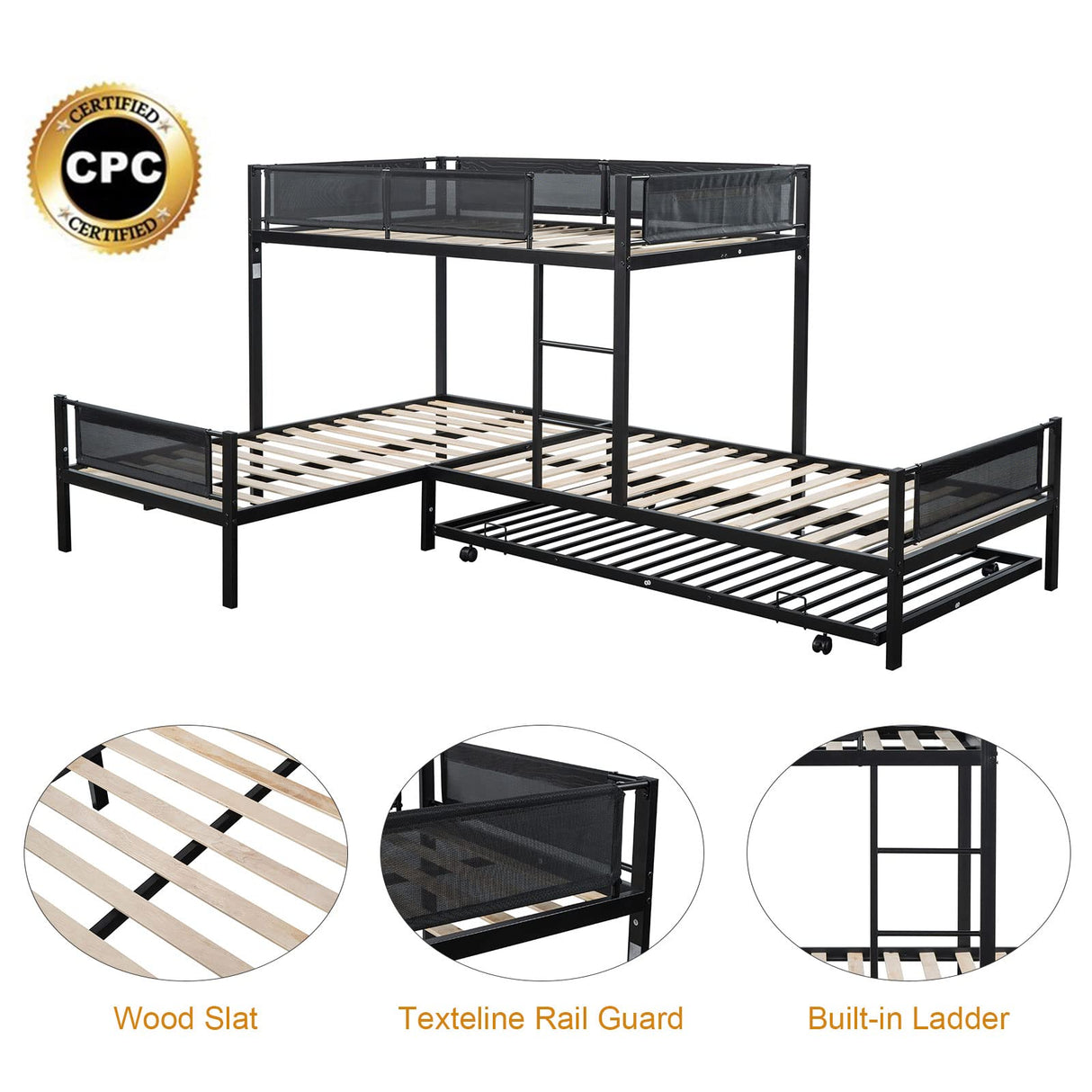 KIVENJAJA L-Shape Triple Bunk Bed with Trundle, Metal Quad Bunk Beds Twin Over Twin for 4 Kids, Heavy Duty 4 Small Bunkbeds for Teens Girls Boys Adults, Black KIVENJAJA