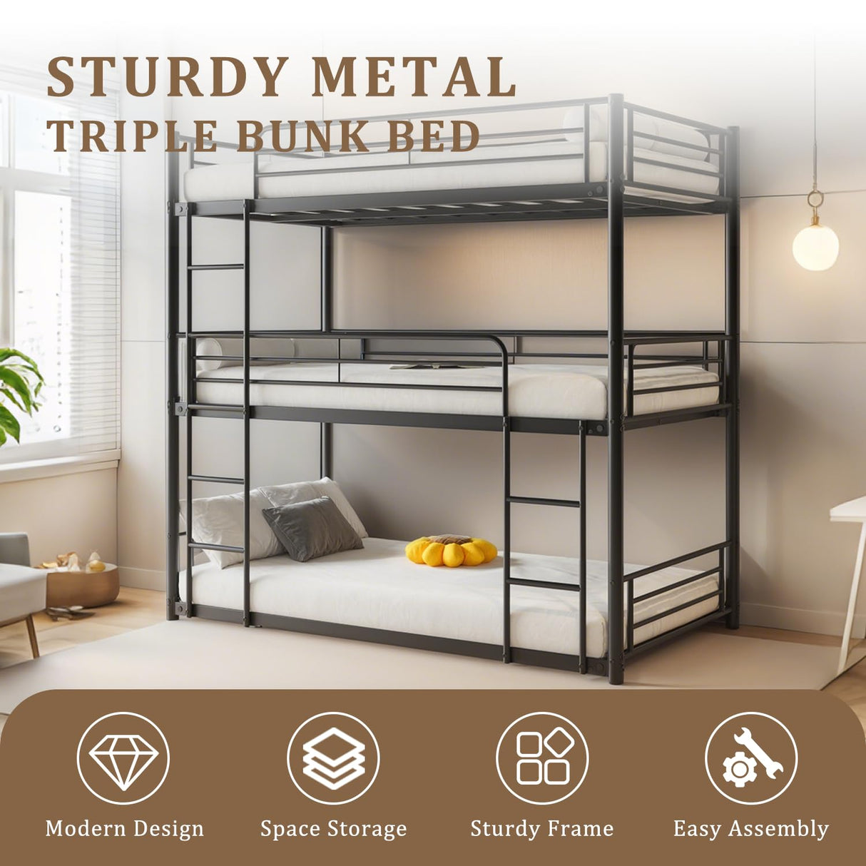 AYJOIR Heavy Duty Triple Bunk Bed, Twin Over Twin Over Twin Metal Bunkbeds with Ladder, Family-Friendly for All Ages, Bedroom, No Box Spring Needed, Easy Assembly, Black AYJOIR