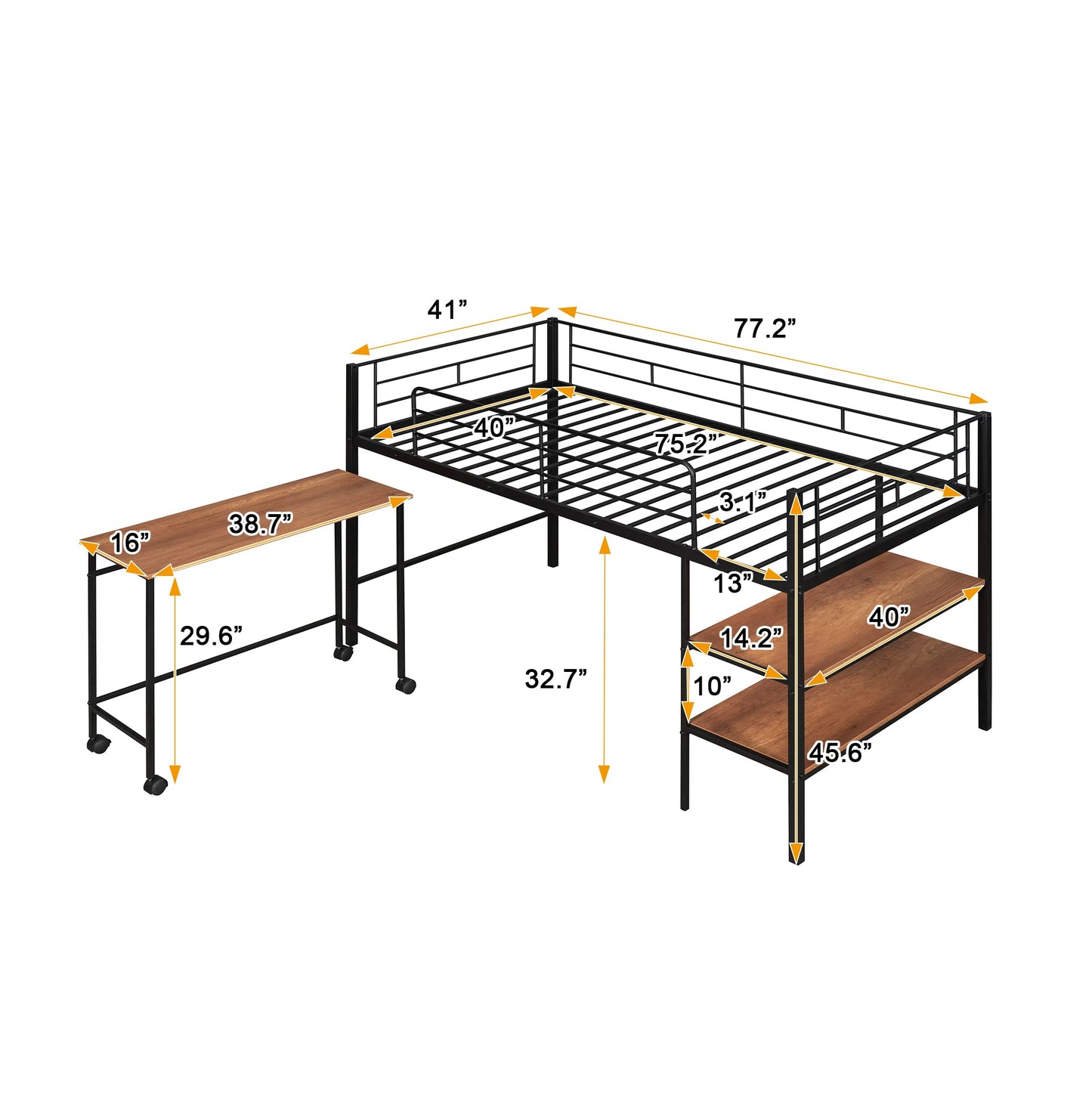 Harper & Bright Designs Low Loft Bed with Desk, Twin Size Metal Loft Bed Frame with Storage Shelves for Kids (Twin Size, Black)