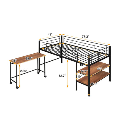 Harper & Bright Designs Low Loft Bed with Desk, Twin Size Metal Loft Bed Frame with Storage Shelves for Kids (Twin Size, Black)