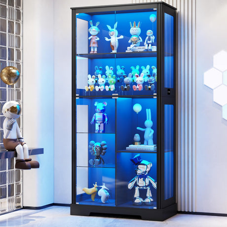 JDPAG 71" Tall Lighted Display Curio Cabinet with Glass Doors,Glass Curio Cabinet with 3 Color Sensor Lights,7-Tier Display Case with Removable Shelves,Storage Cabinet for Collectibles,Black JDPAG