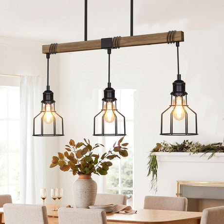 3-Light Kitchen Island Lighting, 63" Adjustable Height Pendant Light Fixtures Black Metal & Rustic Wood Modern Dining Room Linear Chandelier Over Table with E26 Base for Farmhouse Bar LuxiGlowra