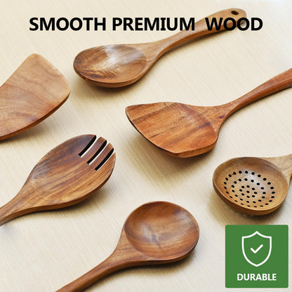 Wooden Spoon Set-6 Piece Wooden Cutlery-Daily Wooden Cutlery Cooking Spoon-Natural Teak Kitchen Set-Teak Cooking Utensils with Smooth Non-Stick Surface-For use in the kitchen when cooking