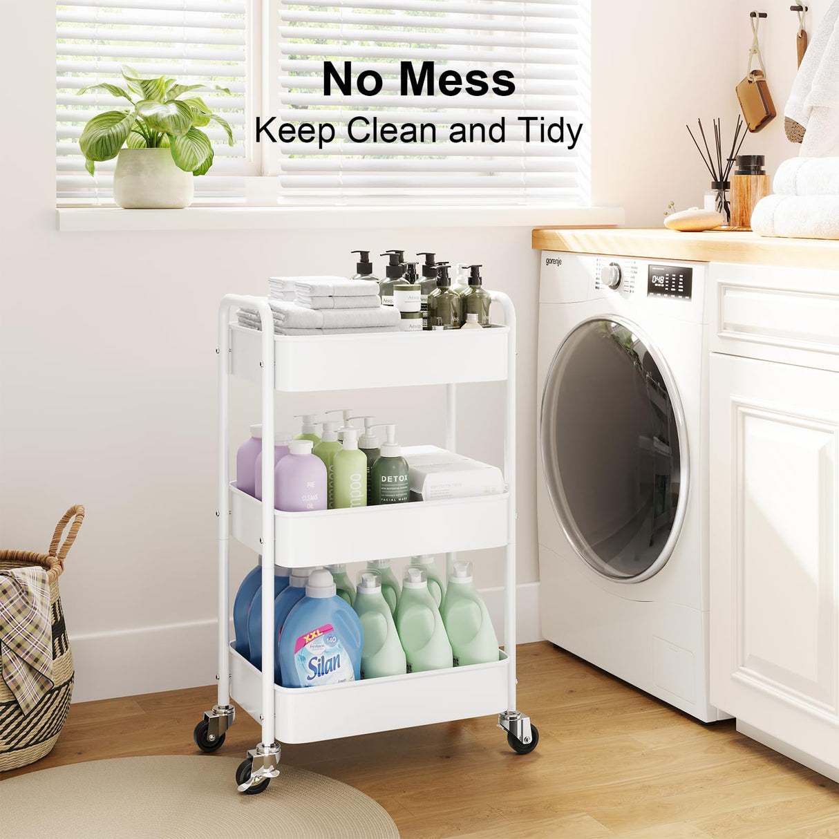 3 Tier Rolling Cart Metal, White Utility Cart with Lockable Wheels, Mesh Rolling Storage Cart Organizer on Wheels, Three Tiered Craft Cart for Kitchen, Bathroom, Office,Laundry Room, Art, Baby Diaper WBKATN