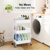3 Tier Rolling Cart Metal, White Utility Cart with Lockable Wheels, Mesh Rolling Storage Cart Organizer on Wheels, Three Tiered Craft Cart for Kitchen, Bathroom, Office,Laundry Room, Art, Baby Diaper WBKATN