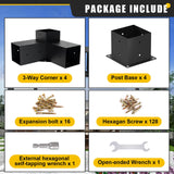 4x4 Woodworks Pergola Brackets Kit, 3-Way Corner Extension Brackets, Black Powder Coated, 4x4 Metal Brackets for Wood Beams, Fence, and Carport (Actual: 3.5"x3.5") Kinchoix