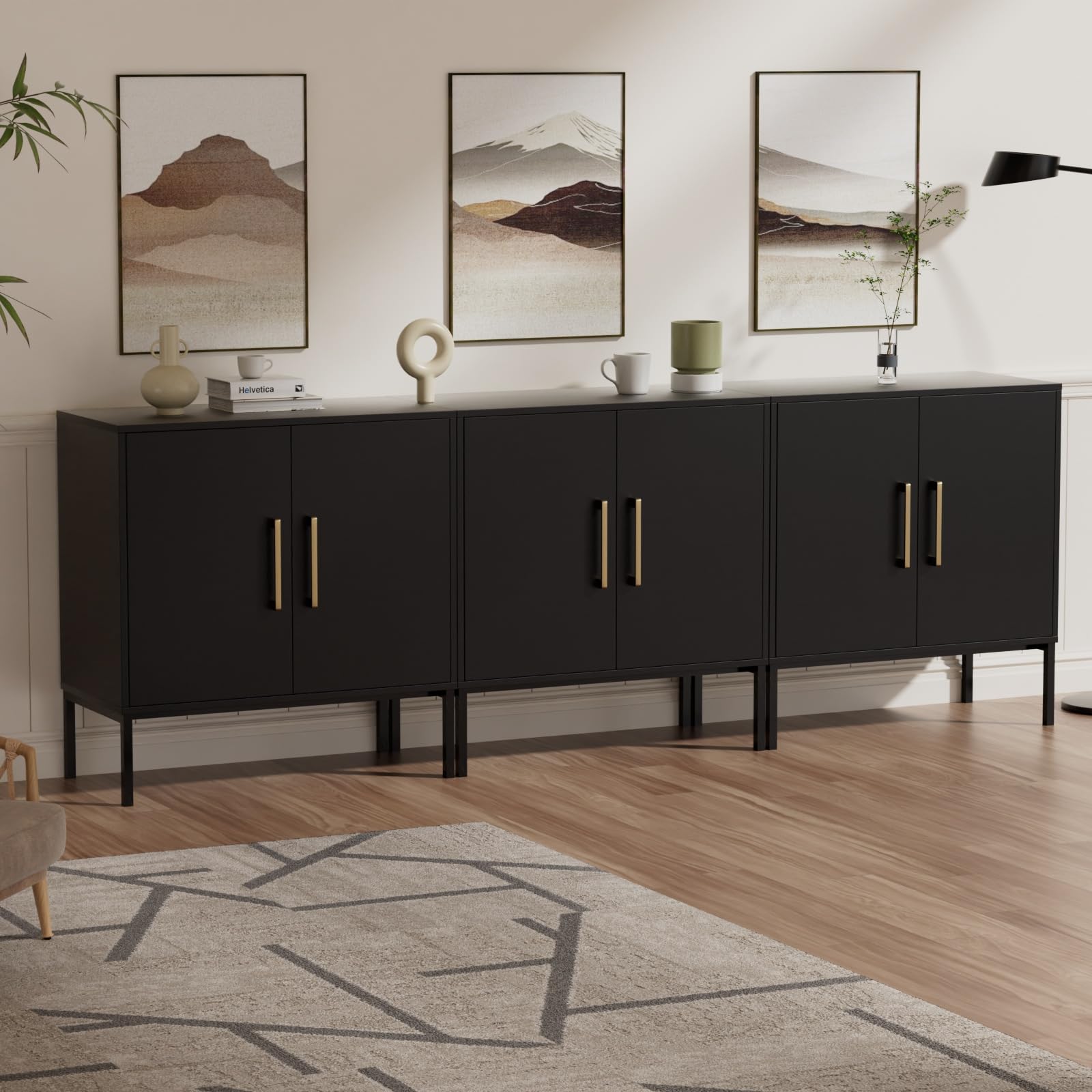 JOZZBY Set of 3 Storage Cabinet, Freestanding Sideboard with Double Doors, Modern Wooden Sideboard, Black Side Cabinets for Bedroom, Living Room, Kitchen, Office and Hallway 3 PC - WoodArtSupply