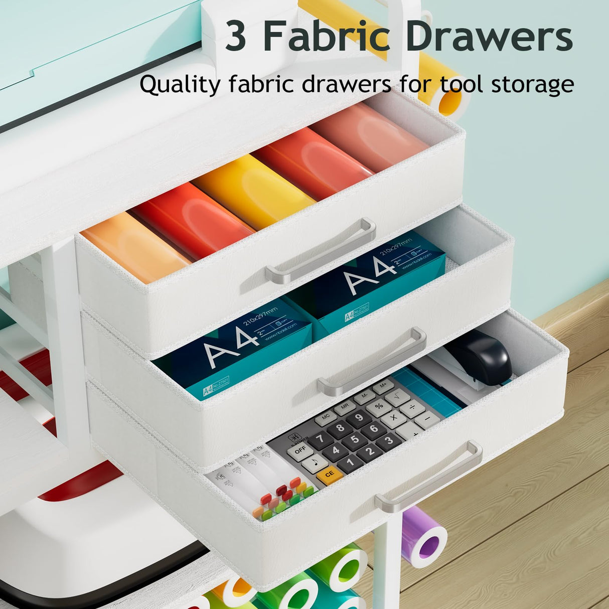 Craft Cart and Organizer Table Compatible with Cricut - Rolling Storage Cart/Shelf with 20 Vinyl Roll Holders, 3 Fabric Drawer, Accessories Holder, Tool Hook for Craft Room Home,Office Homsorout