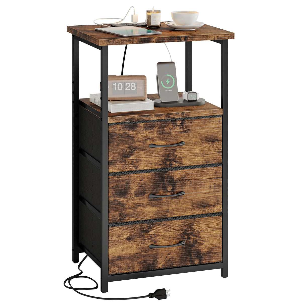 Fixwal Night Stand with 3 Fabric Drawers, Nightstand for Bedroom, Bedside Table with Charging Station End Table with Storage, Rustic Brown Fixwal