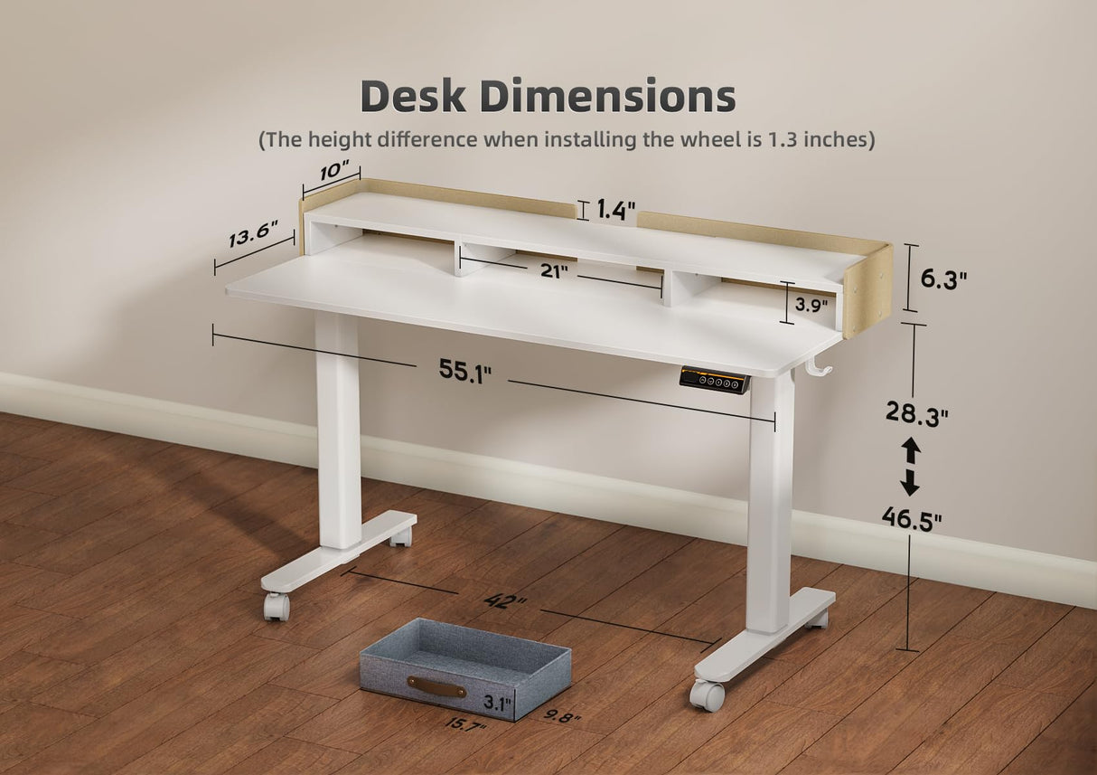 YDN Standing Desk with Drawers, 55 Inch Standing Desk Adjustable Height, Adjustable Electric Stand Up Sit Stand Small Desk with Storage and Shelf, White YDN