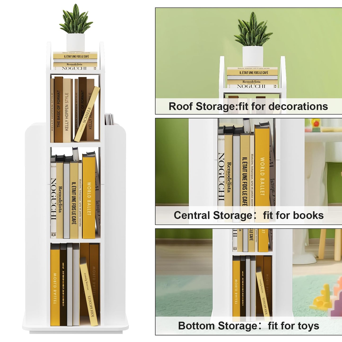 MYOYAY 360° Rotating White Kids Bookshelf - 3 Tier Floor Standing Bookcase for Home - WoodArtSupply