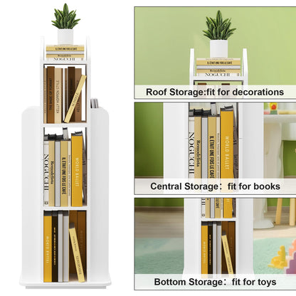 MYOYAY 360° Rotating White Kids Bookshelf - 3 Tier Floor Standing Bookcase for Home - WoodArtSupply