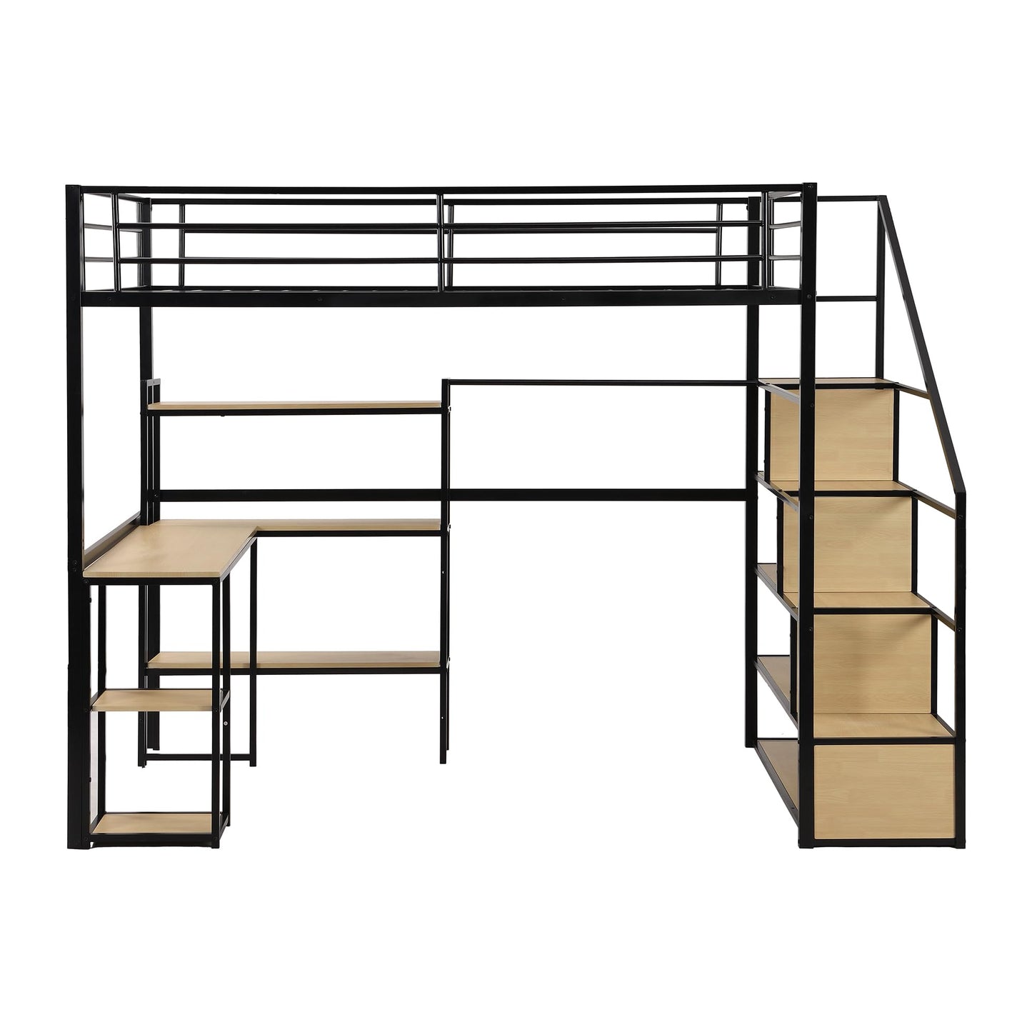 Bellemave Full Size Metal Loft Bed with Desk, Stairs, and Storage in Black - WoodArtSupply