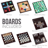Board Game Set - Deluxe 15 in 1 Tabletop Wood-accented Game Center with Storage Drawer (Checkers, Chess, Chinese Checkers, Parcheesi, TicTacToe, SOlitaire, Snakes and Ladders, Mancala, Backgammon, Poker Dice, Playing Cards, Go Fish, Old Maid, and Dominos) Etna