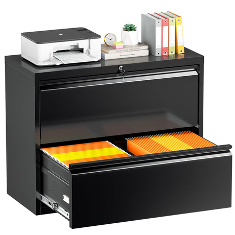 INTERGREAT Lateral File Cabinet 2 Drawer Black, Metal 2 Drawer Filing Cabinet with Lock for Home Office, Locking File Cabinet for Letter/Legal/F4/A4 Size Hanging Files - 36" W INTERGREAT