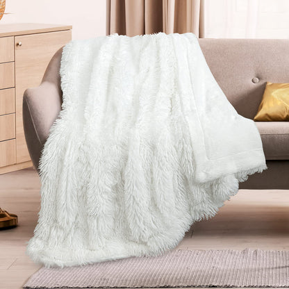 TOONOW Extra Soft Fuzzy Faux Fur Throw Blanket 50"x60", Reversible Lightweight Fluffy Cozy Plush Comfy Microfiber Fleece Decorative Shaggy Blanket for Couch Sofa Bed, Pure White