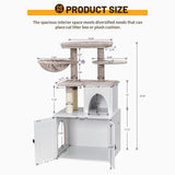 Snughome Cat Litter Box Enclosure with Cat Tree Tower and Condo, Hidden Cat Washroom Furniture with Sisal Scratching Post and Soft Plush Perch, Wooden Cat Furniture with Multiple Platforms, White Snughome