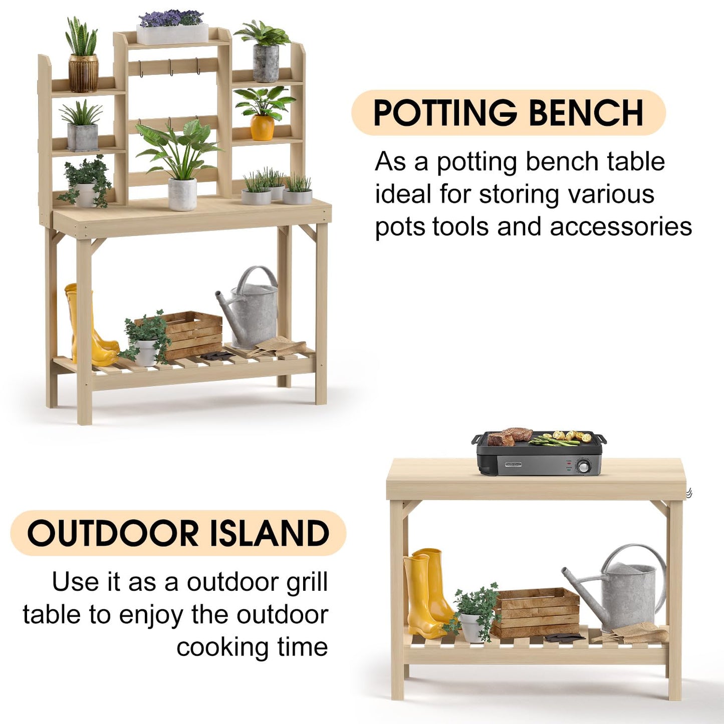 Highpro Outdoors Potting Benches Table, Garden Work Table Outside, Wooden Workstation Table with Storage Shelf - WoodArtSupply