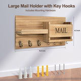 Lwenki Mail Organizer for Wall Mount – Key Holder with Shelf Includes Letter Holder and Hooks for Hallway Farmhouse Decor – Rustic Wood with Flush Mounting Hardware (16.5” x 9.1” x 3.4”) (Wood) Lwenki