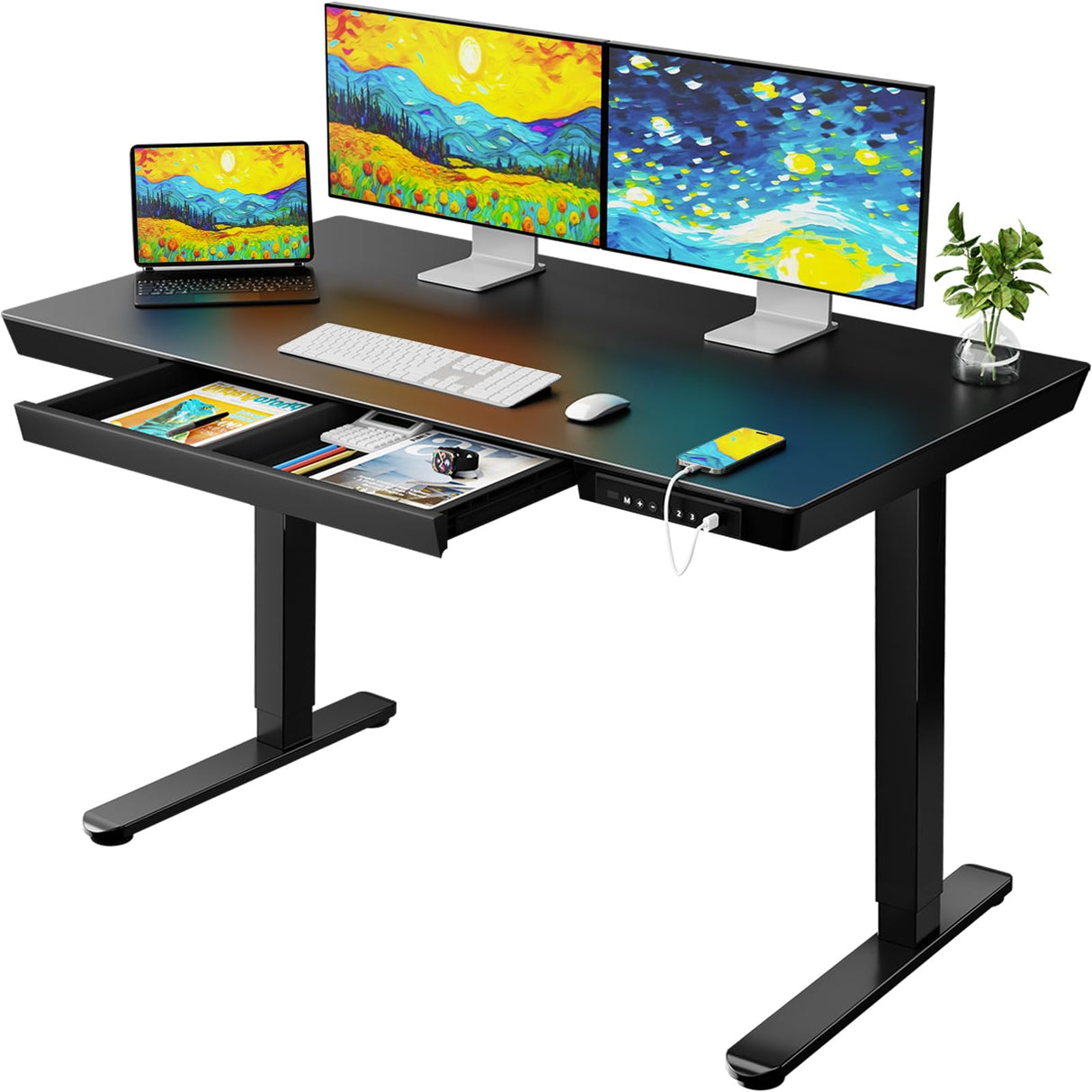 ErGear Standing Desk with Drawer, Glass Top One Piece, 48x24 inch Height Adjustable Desk, Electric Standing Desk with Charging Ports, Sit Stand Up Desk for Home Office(Black Glass Top) ErGear