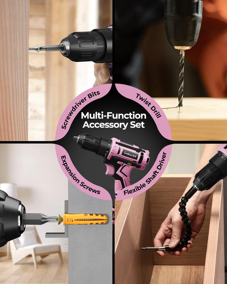 Pink Cordless Drill Set, 20V Electric Power Drill for Women, Lightweight Electric Screwdriver Driver with Battery & Charger, 3/8" Keyless Chuck, Womens Tool Kit for House VIWKO