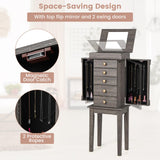Giantex Jewelry Cabinet Armoire with 5 Drawers, 2 Side Doors with 8 Necklace Hooks, Top Flip Mirror, 4-Compartments Organizer, Standing Wood Jewelry Storage Chest, Antique, Washed Gray Giantex