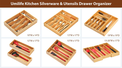 Umilife Large Expandable Kitchen Siverware Utensils Drawer Organizer, 2.5" Extra High Adjustable Drawer Divider with Curved Grooves, Bamboo Wood Cutlery Tray Flatware Holder