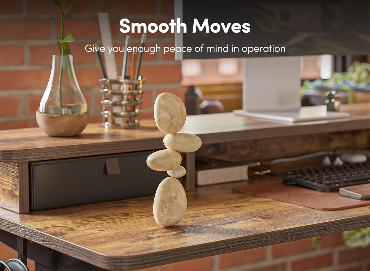 FEZIBO 55 x 24 Inch Height Adjustable Electric Standing Desk with Double Drawer, Stand Up Desk with Storage Shelf, Sit Stand Desk, Rustic Brown FEZIBO