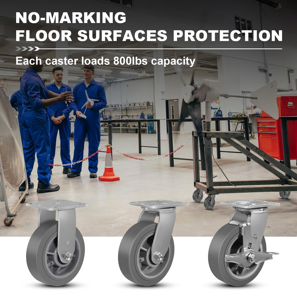 NINOSO 6" Heavy Duty Casters, Swivel Rubber Casters Set of 4 No Noise Plate Caster Wheels, Load Capacity 3200lbs Ninoso