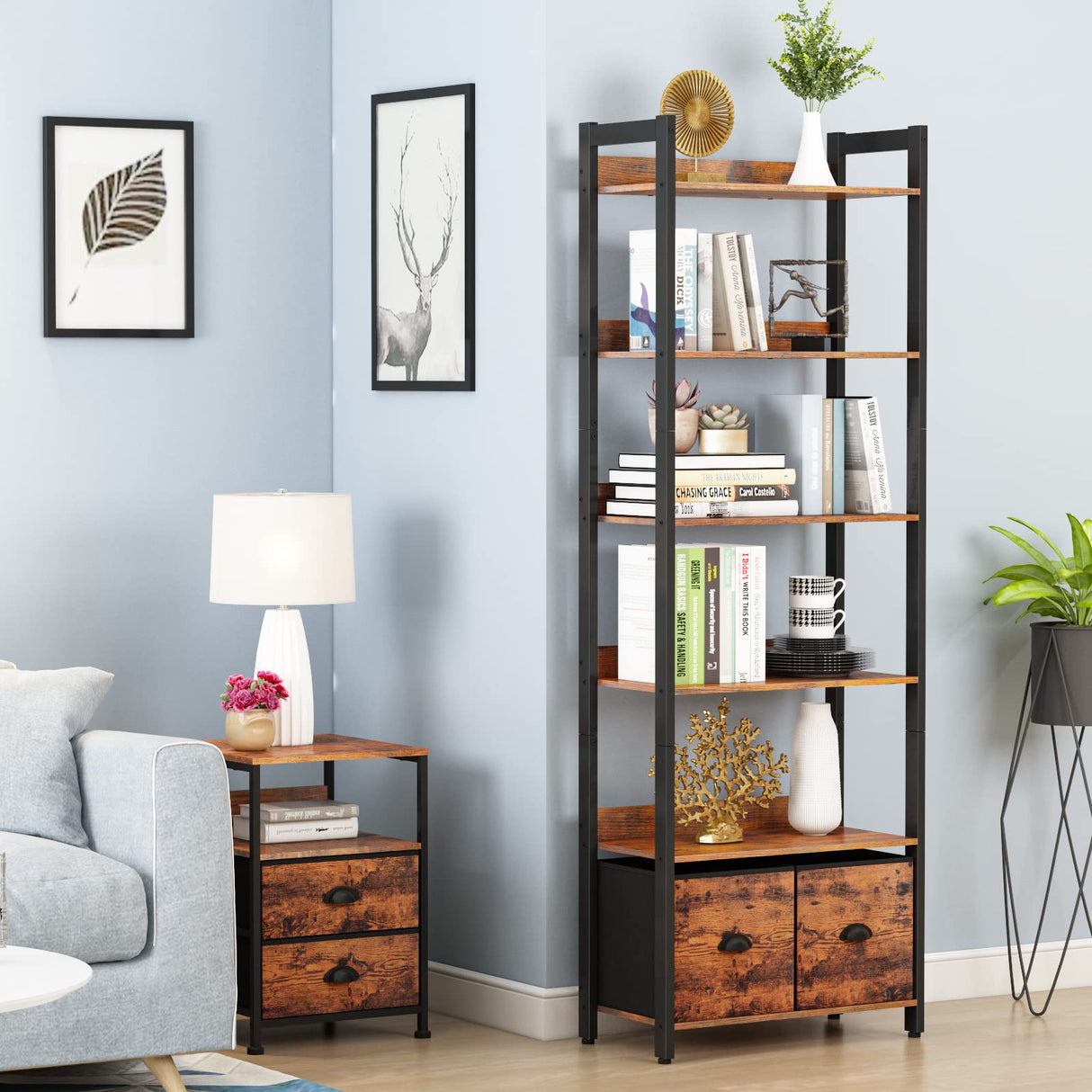 Furologee 6-Tier Bookshelf, Tall 71" Rustic Bookcase with 2 Drawers Storage Organizer, Industrial Display Free Standing Shelf Units, Wood and Metal Storage Rack for Home Office, Bedroom, Rustic Brown Furologee